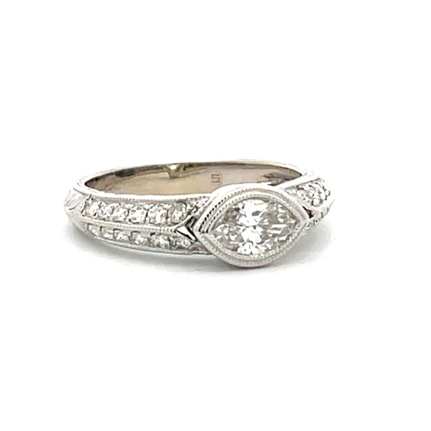 14 KT White Gold Rhodium Plated Bezel-Set Engraved Engagement Ring