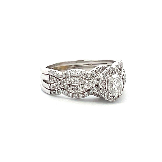 14 Karat White Gold Diamond Halo Engagement Ring Set