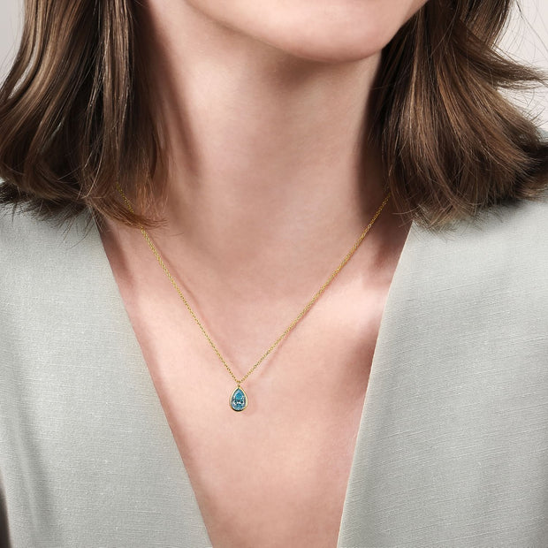 14K Yellow Gold Teardrop Blue Topaz Pendant Necklace
