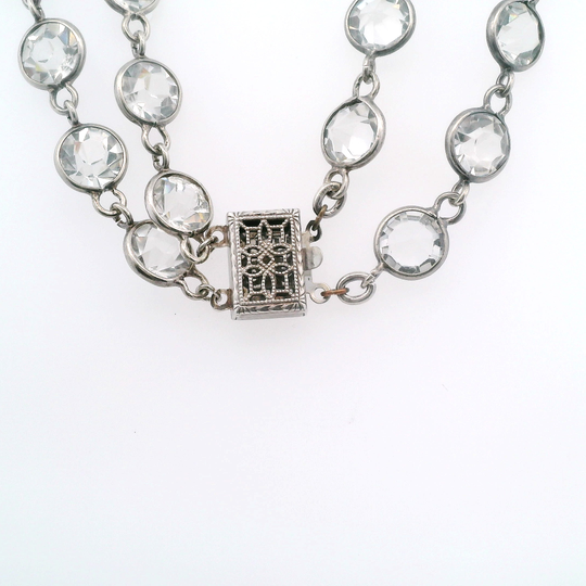 Vintage Sterling Silver Double Strand Round Bezel Set Crystals