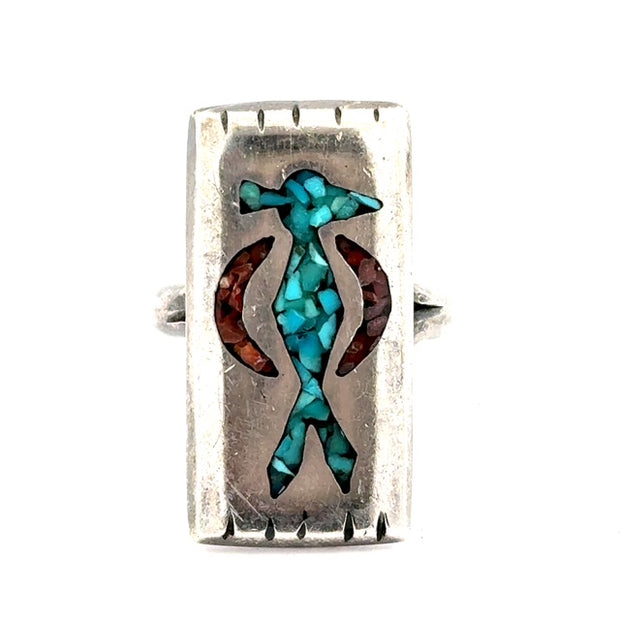 Estate Vintage Turquoise & Coral Thunderbird Ring