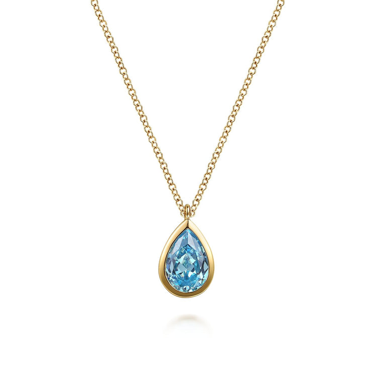 14K Yellow Gold Teardrop Blue Topaz Pendant Necklace