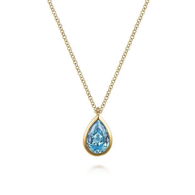 14K Yellow Gold Teardrop Blue Topaz Pendant Necklace