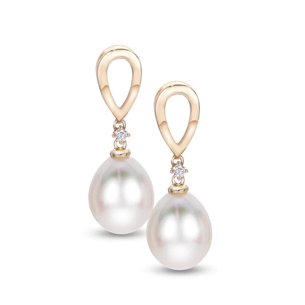 14 Karat Yellow Gold Pearl And Diamond Drop Earrings
