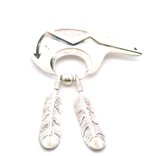 Signed Native American Navajo Sterling Silver Bear Brooch/Pin w/ 2 Feathers