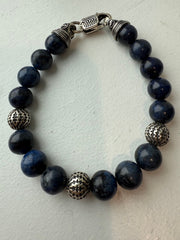 Mens Beaded Sterling Silver And Dumortierite Bracelet