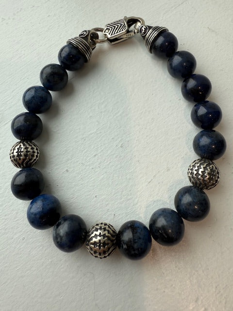 Mens Beaded Sterling Silver And Dumortierite Bracelet
