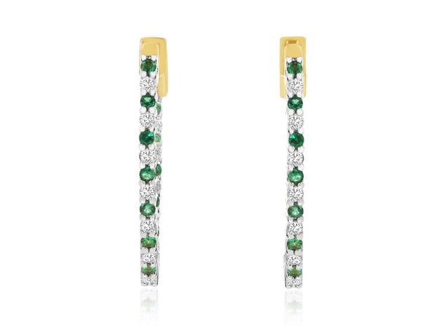 Alternating Emerald & Diamond Inside/Out Oval Hoop Earrings