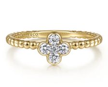 14K Yellow Gold Diamond Cluster Clover and Bujukan Bead Ring