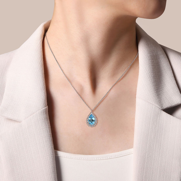 925 Sterling Silver Bujukan Swiss Blue Topaz Teardrop Pendant Necklace