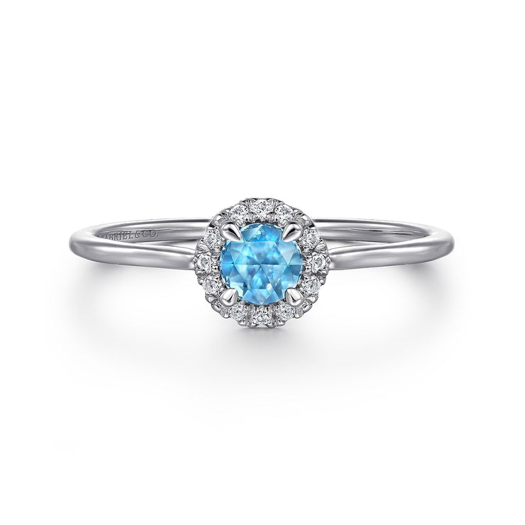 14K White Gold Blue Topaz and Diamond Halo Promise Ring