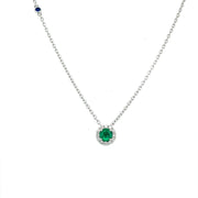 14 Karat White Gold Emerald And Diamond Halo Necklace
