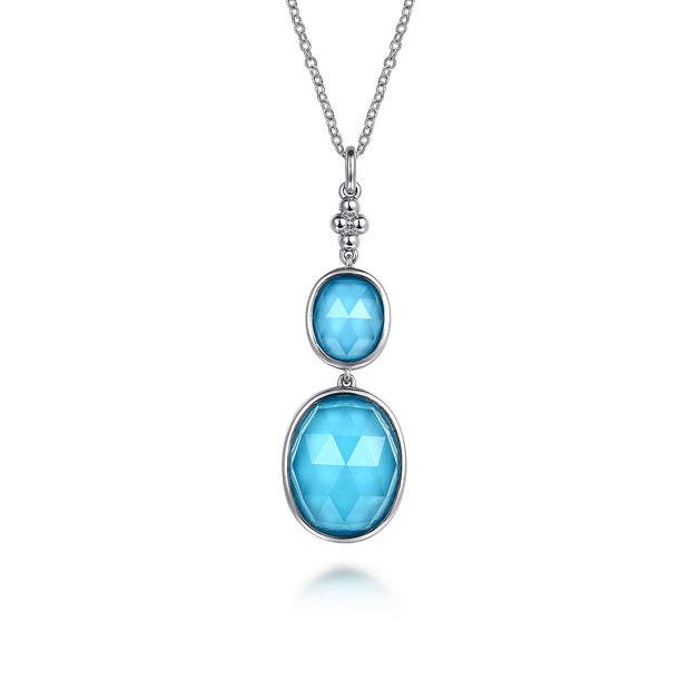 925 Sterling Silver Oval Shape Rock Crystal and Turquoise Bujukan Drop Necklace