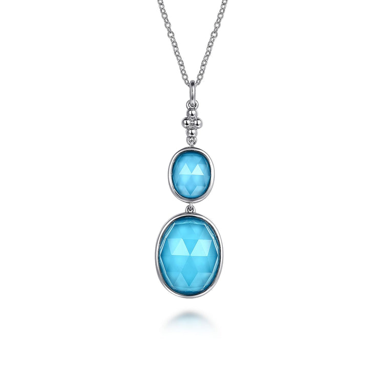 925 Sterling Silver Oval Shape Rock Crystal and Turquoise Bujukan Drop Necklace