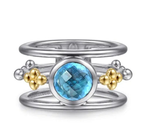 14K Yellow Gold And 925 Sterling Silver Bujukan Blue Topaz, Wide Band