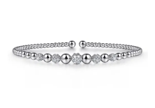 14K White Gold Bujukan Bead Cuff Bracelet with Pave Diamond Stations