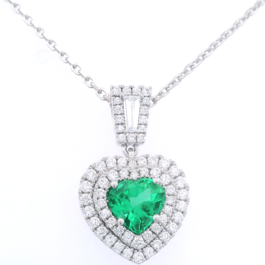 Heart Emerald & Double Diamond Halo Necklace
