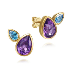 14K Yellow Gold Toi et Moi Blue Topaz and Amethyst Stud Earrings