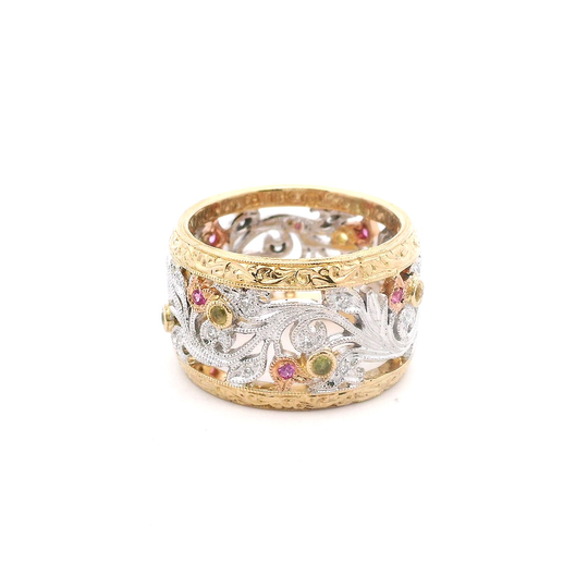 Estate Tri-Color Wide Filigree Band w/ Colored Diamonds