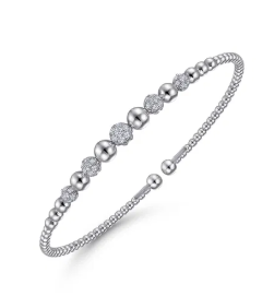 14K White Gold Bujukan Bead Cuff Bracelet with Pave Diamond Stations