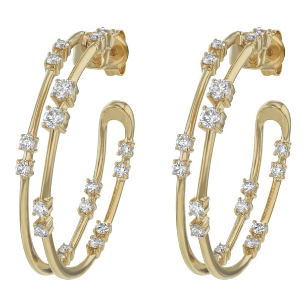 14K Yellow Gold 1.0 carat Diamonds Two Row Hoop Earrings