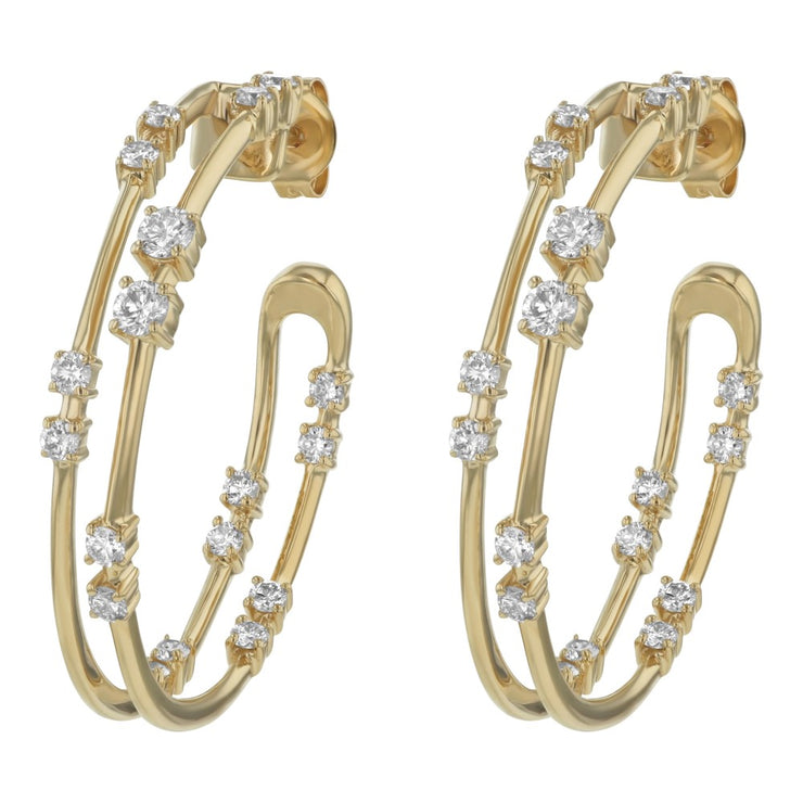 14K Yellow Gold 1.0 carat Diamonds Two Row Hoop Earrings