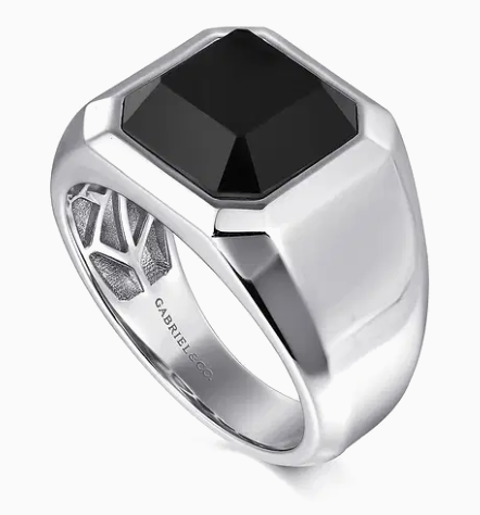Sterling Silver Signet Ring with Faceted Onyx Stone in High Polish Finish