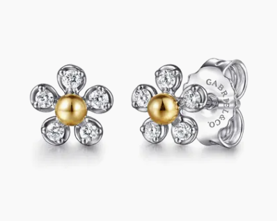 14K Yellow Gold 925 Sterling Silver Diamond Flower Stud Earrings
