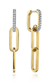 14K Yellow Gold Diamond Link Hollow Chain Drop Earrings