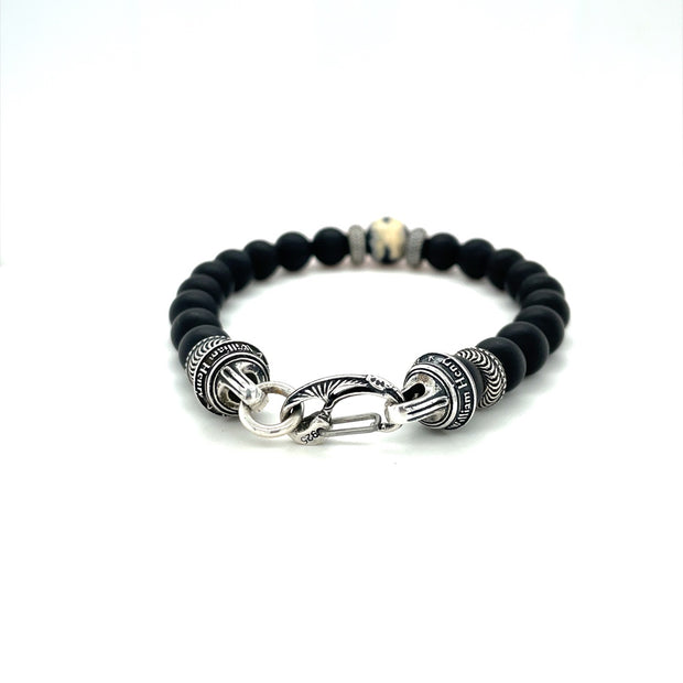 Mens Beaded Sterling Silver, Woolly Mammoth Tooth And Frosted Black Onyx Bracelet