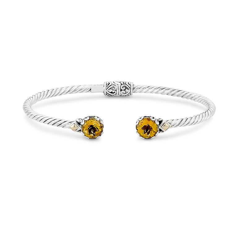 Sterling Silver And 18K Yellow Gold Two Tone Citrine Twisted Hinged Bangle Bracelet