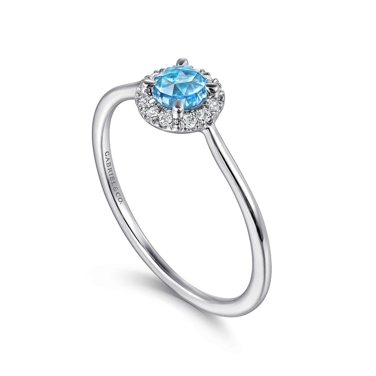 14K White Gold Blue Topaz and Diamond Halo Promise Ring