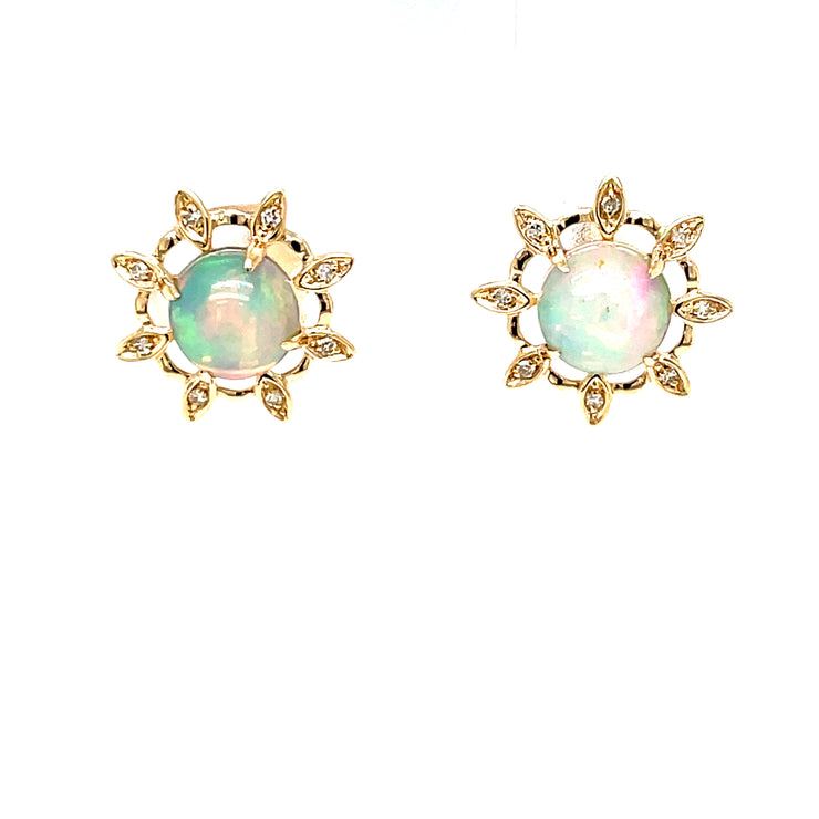 14 Karat Yellow Gold Opal And Diamond Earrings