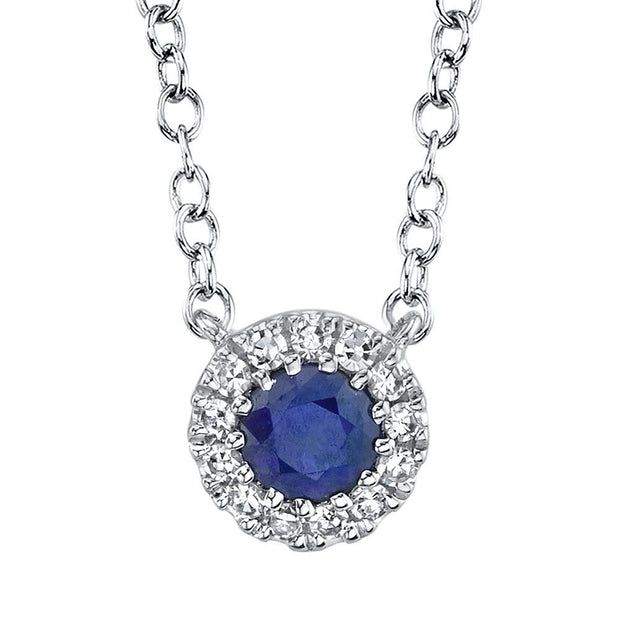 14 Karat White Gold Sapphire With Diamond Halo Necklace