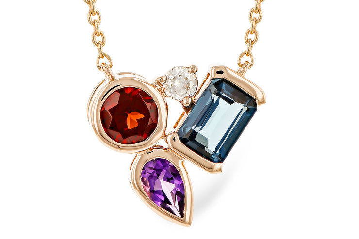 14 Karat Rose Gold Garnet, Amethyst, Blue Topaz, And Diamond Necklace
