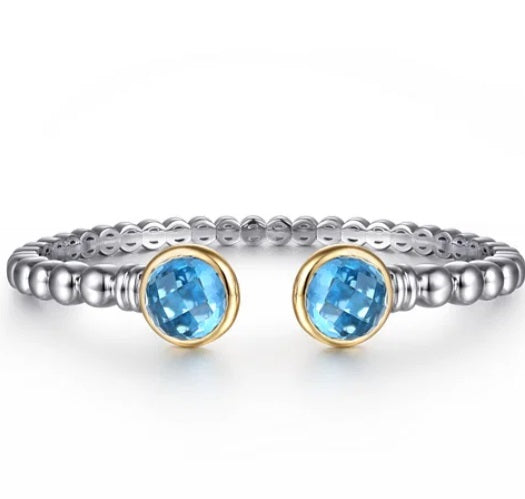 14K Yellow Gold And 925 Sterling Silver Bujukan Round Blue Topaz Bangle Bracelet