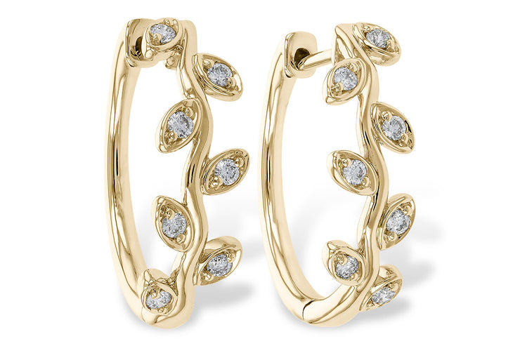 14K Yellow Diamond Leaf Hoop Earrings