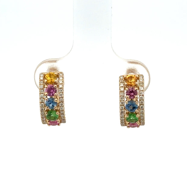 Rainbow Sapphire & Diamond Huggie Hoops