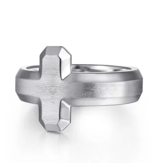 Sterling Silver Cross Men's Faceted Ring