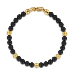 14K Yellow Gold And 6mm Black Titanium Sandblast Men's Beaded Bracele