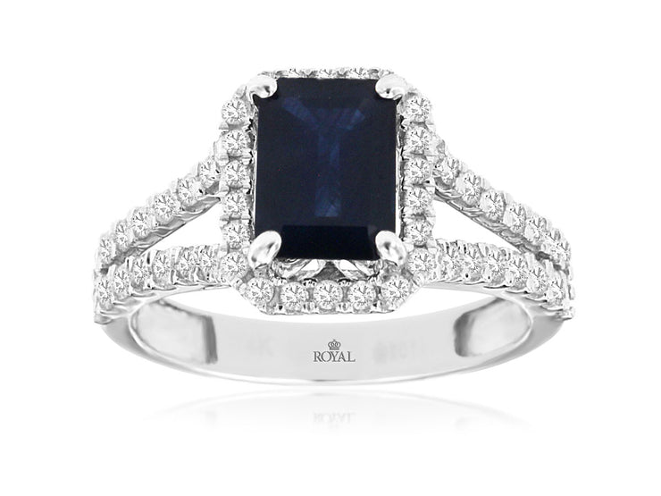 Sapphire Ring w/ Diamond Halo & Diamond Split Shank