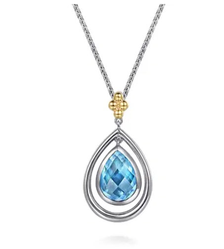 14K Yellow Gold and 925 Sterling Silver Bujukan Pear Blue Topaz Pendant