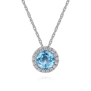 14K White Gold Round Swiss Blue Topaz and Diamond Halo Pendant Necklace