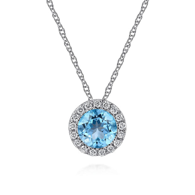 14K White Gold Round Swiss Blue Topaz and Diamond Halo Pendant Necklace