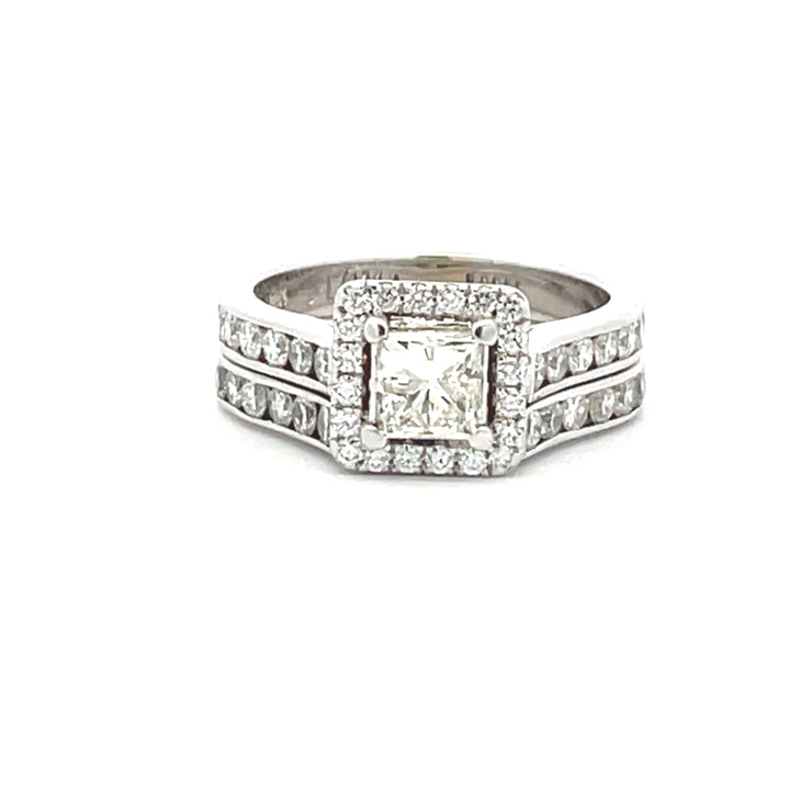 14 KT White Gold Rhodium Plated Halo Bridal Set