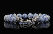 Mens Beaded Sterling Silver And Frosted Sodalite Bracelet