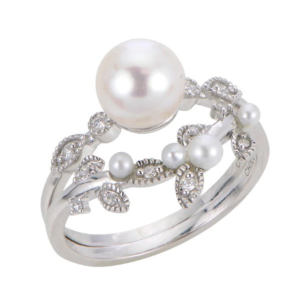 14 KT White Gold Rhodium Plated Pearl Ring