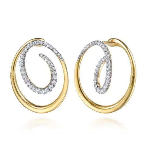 14K Yellow Gold Diamond Swirl Bypass Hoop Earrings