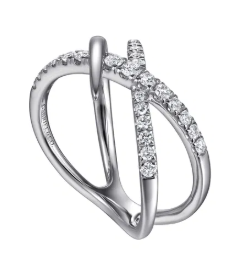 14K White Gold Graduating Diamond Spike Criss Cross Ring