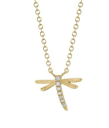 14 Karat Yellow Gold Diamond Dragonfly Necklace